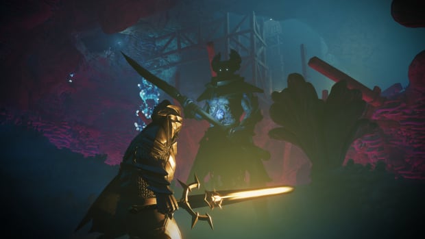 Enshrouded screenshot showing a warrior with a glowing sword fighting a giant armored warrior.